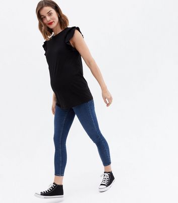 New Look Petite Maternity Blue Lift & Shape Ripped Over Bump Emilee Jeggings  - ShopStyle