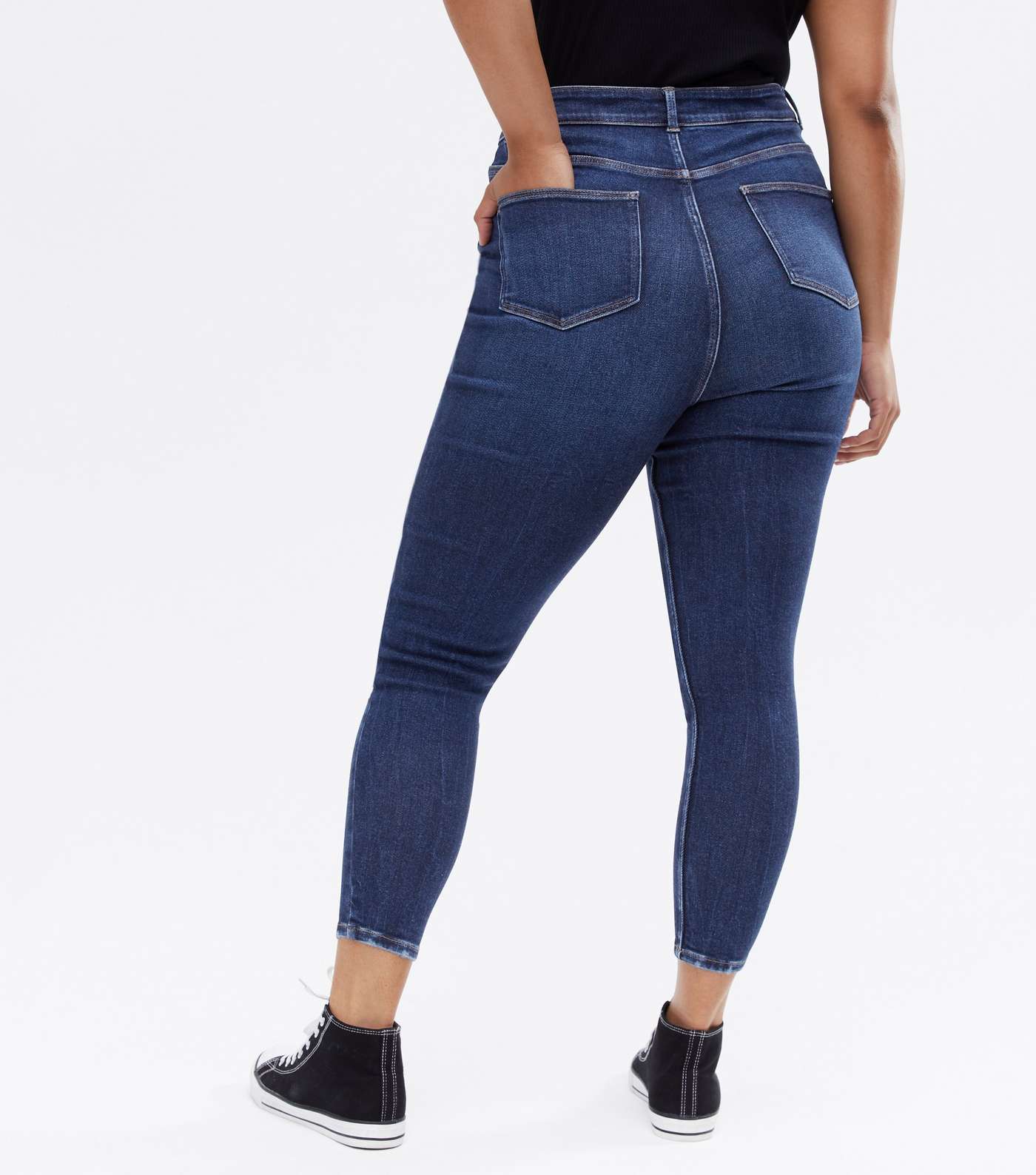 Curves Blue Rinse Wash Ripped Knee High Waist Hallie Super Skinny Jeans Image 3