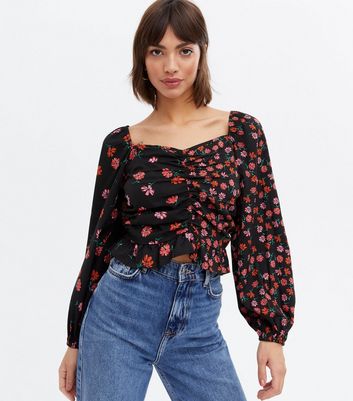 Black Ditsy Floral Ruched Sweetheart Crop Top New Look