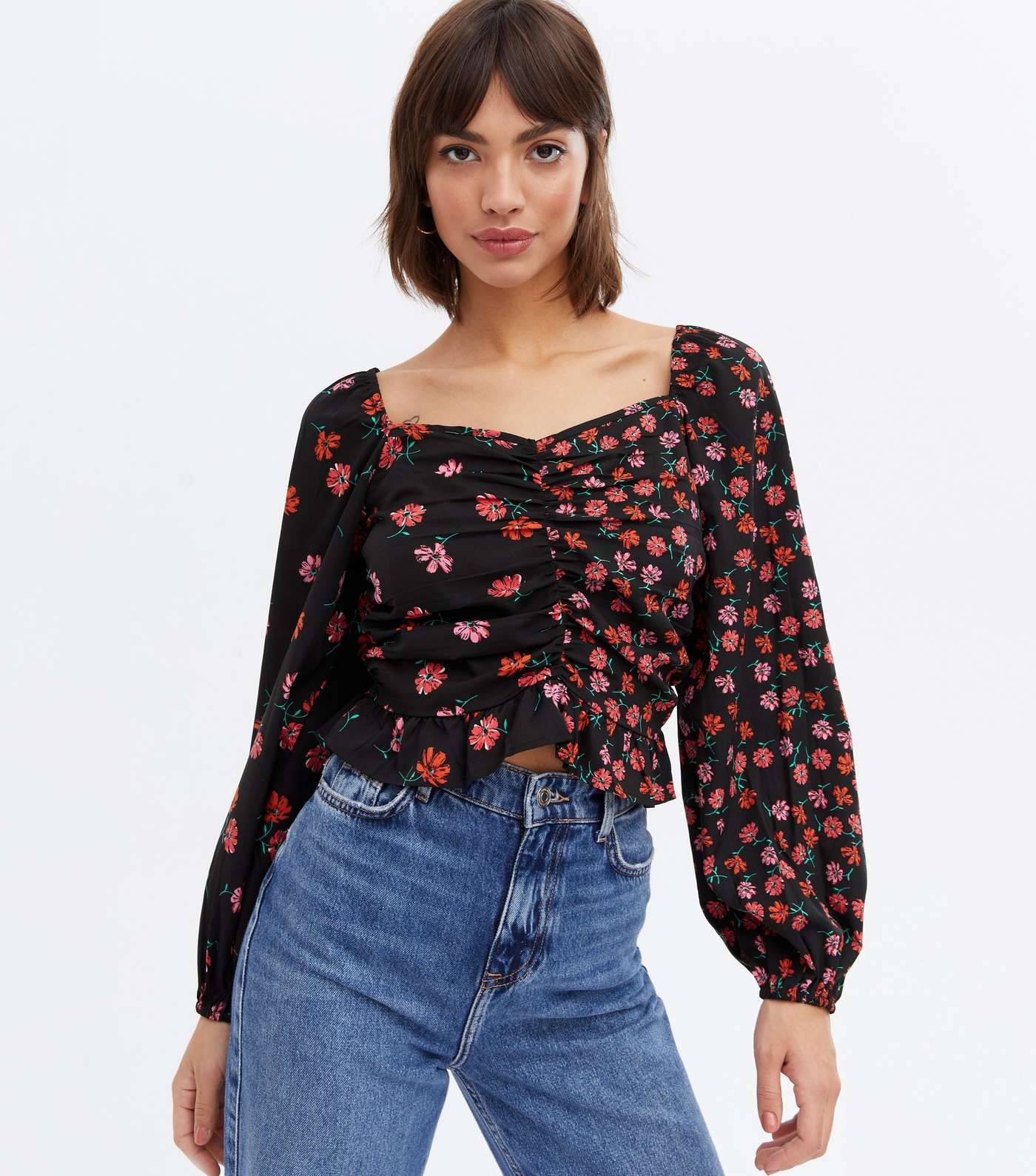 Black Ditsy Floral Ruched Sweetheart Crop Top