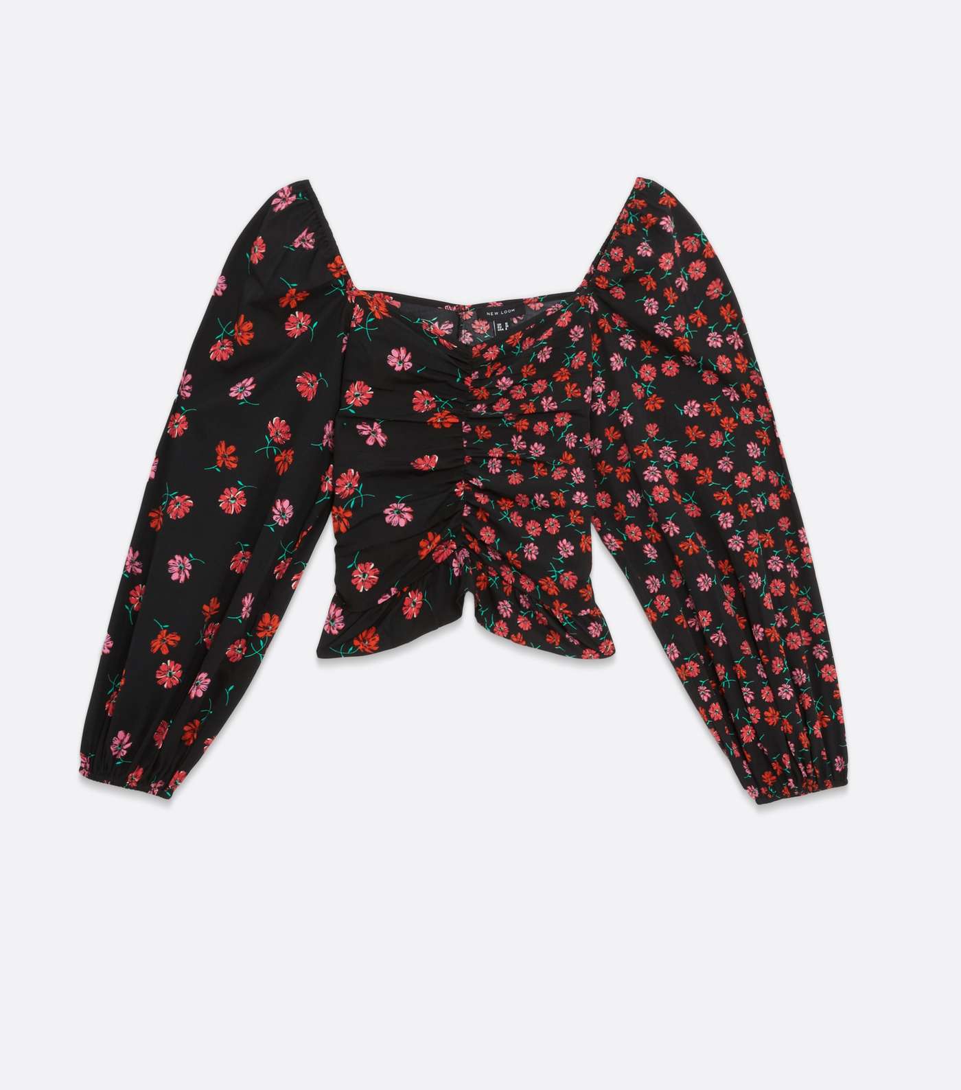 Black Ditsy Floral Ruched Sweetheart Crop Top Image 5