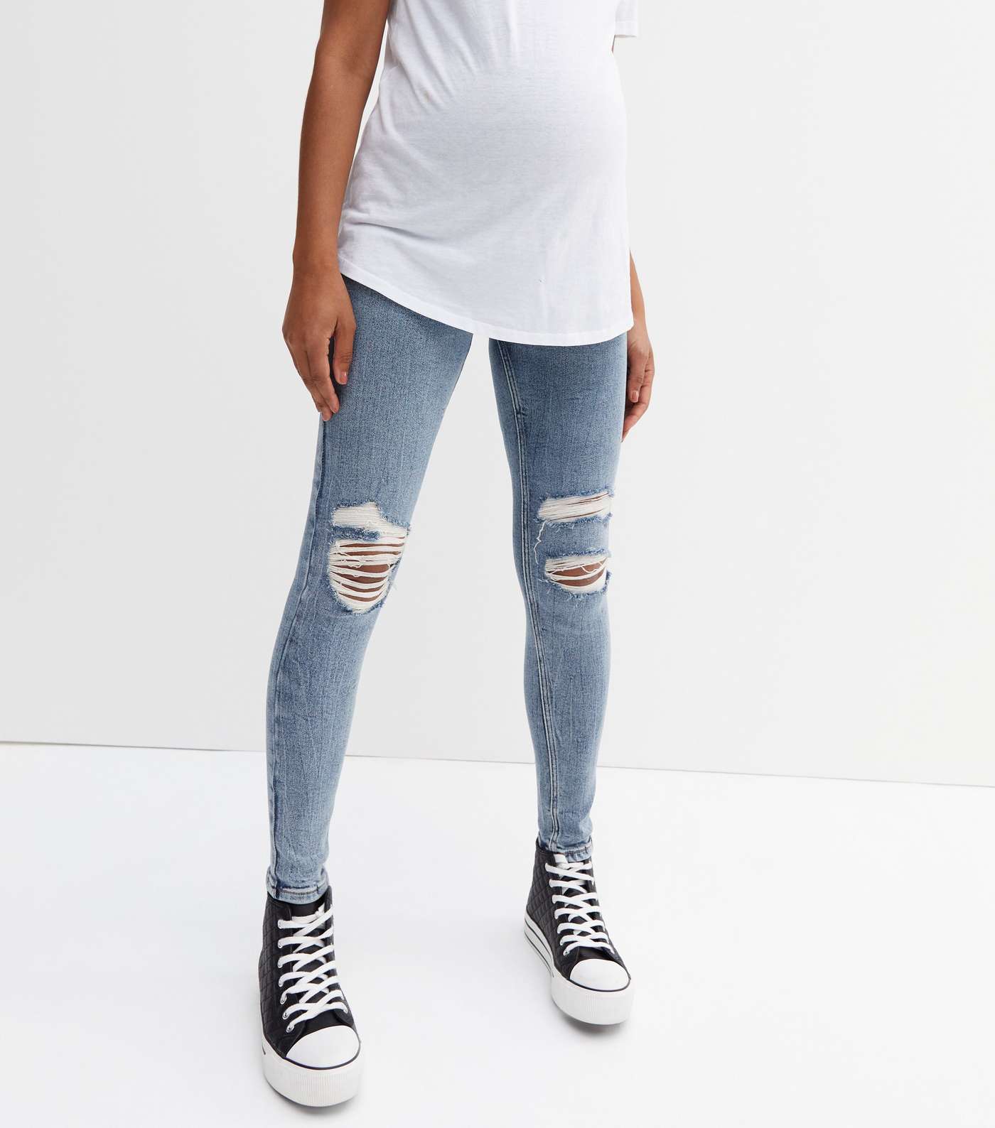 Curves Maternity Teal Ripped Over Bump Hallie Super Skinny Jeans Image 2