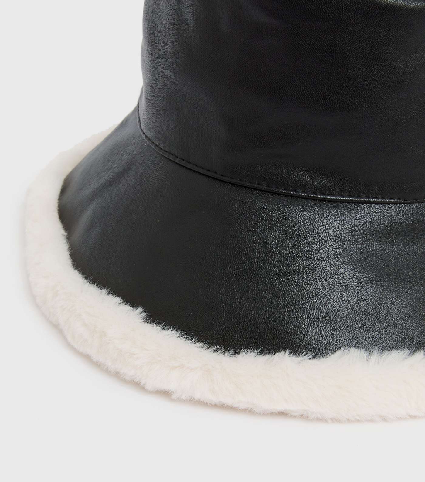 Black Leather-Look Shearling Trim Bucket Hat Image 3