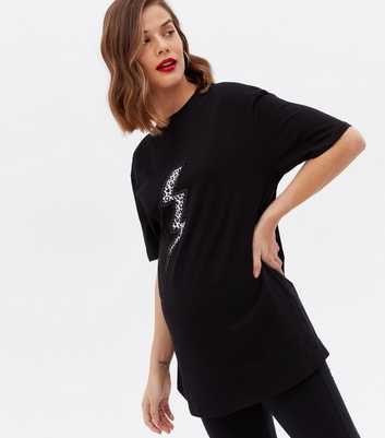 Curves Maternity Black Leopard Print Sequin Lightning Bolt T-Shirt