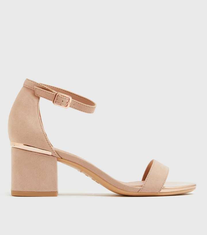 Pale Pink Suedette Metal Trim Block Heel Sandals
