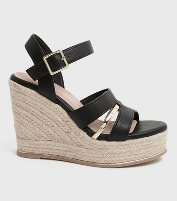 shop for Black Leather-Look Metal Trim Strappy Wedge Sandals New Look Vegan at Shopo