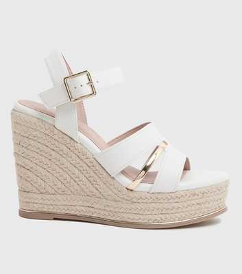 White Leather-Look Metal Trim Strappy Wedge Sandals