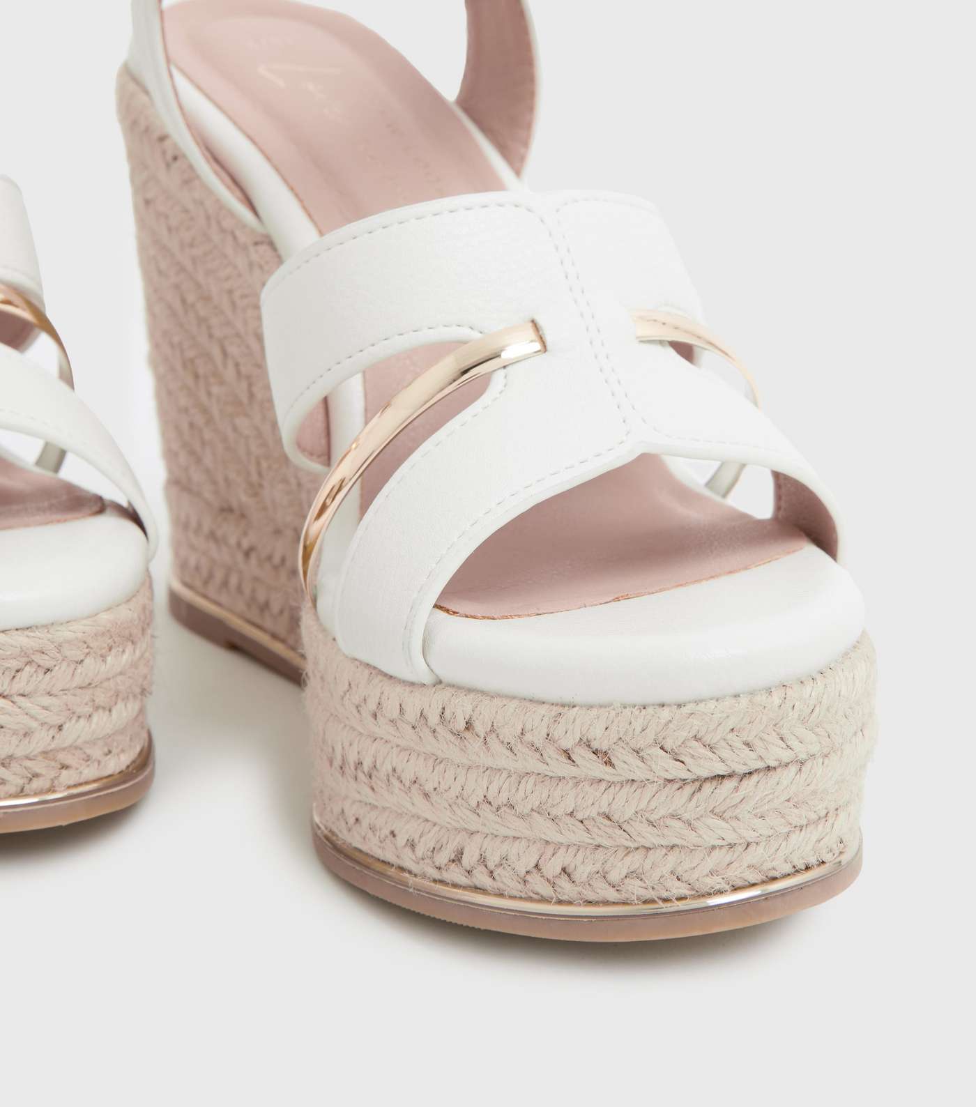White Leather-Look Metal Trim Strappy Wedge Sandals Image 4