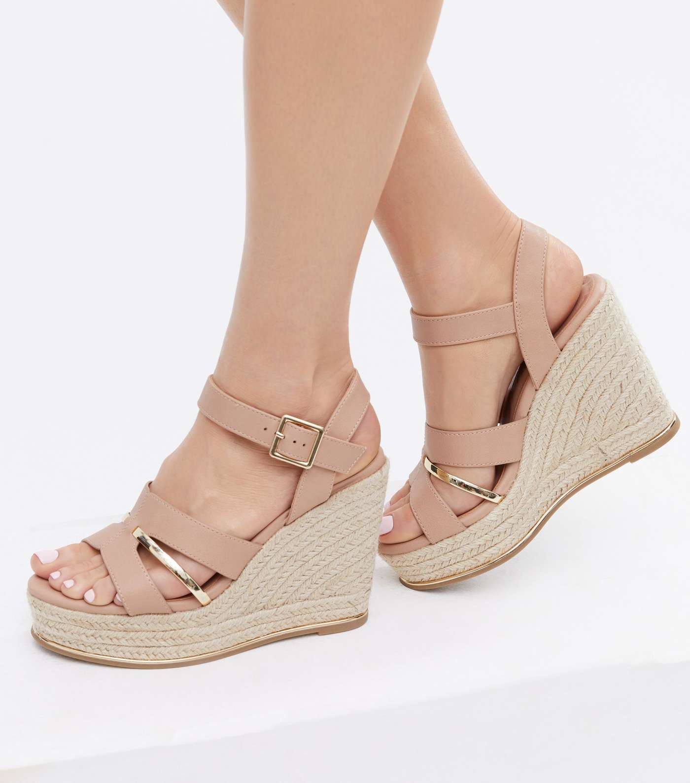 Pale Pink Leather-Look Metal Trim Strappy Wedge Sandals Image 2
