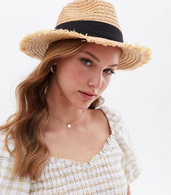 Tan Straw Effect Frayed Fedora Hat 