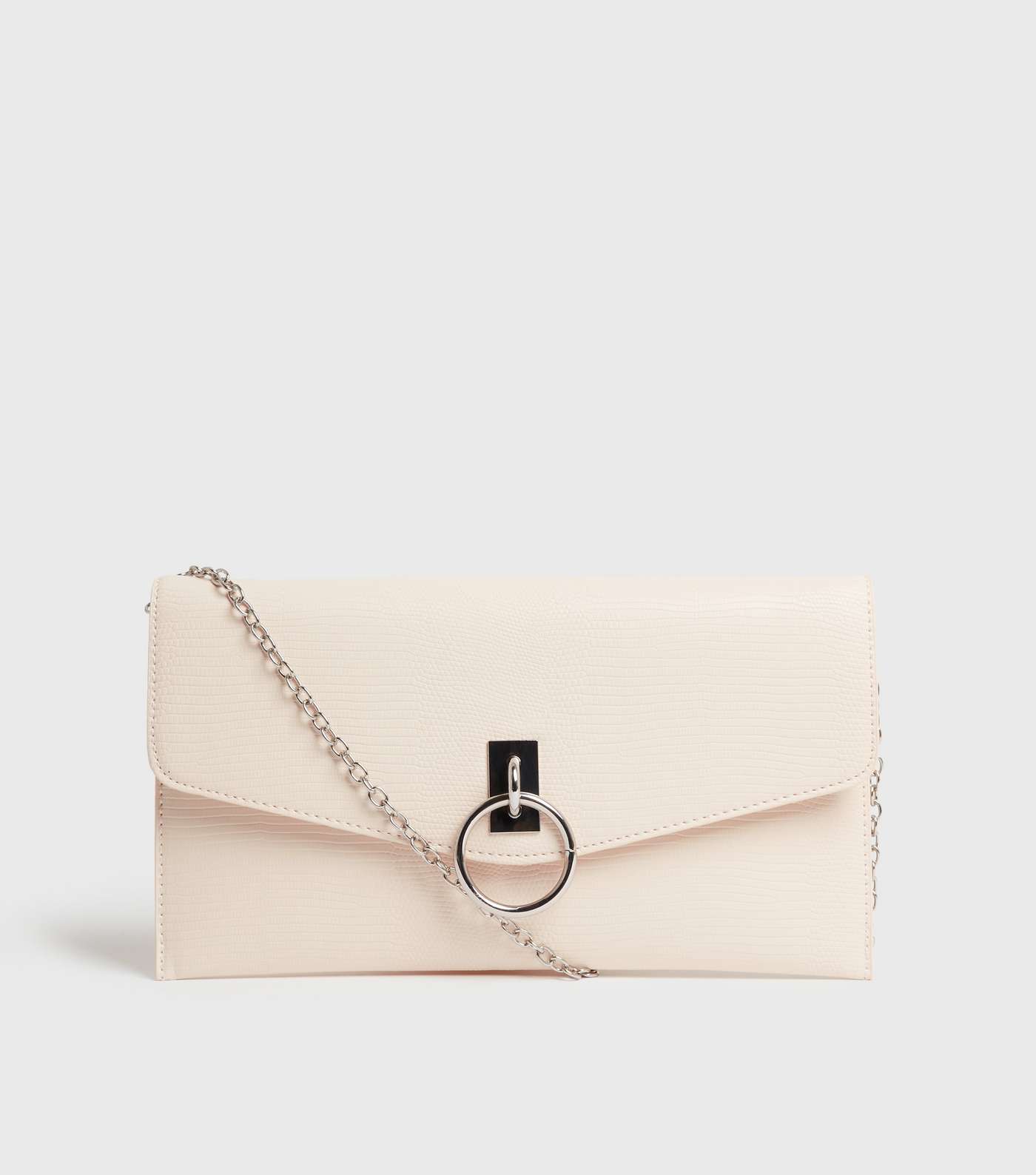 Cream Faux Snake Ring Front Chain Clutch Bag