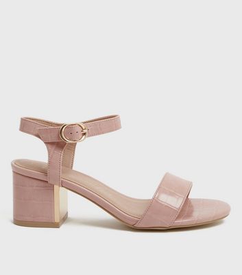 Wide Fit Pink Faux Croc Block Heel Sandals | New Look