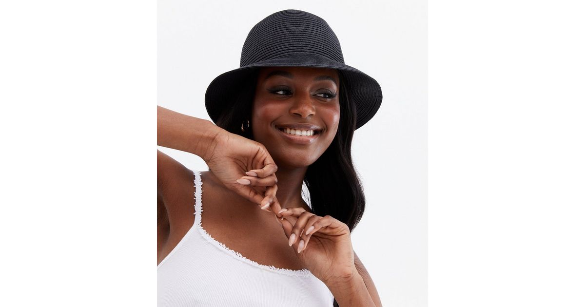 Black Straw Effect Bucket Hat New Look