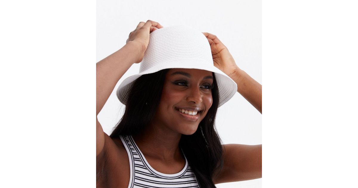 White Straw Effect Bucket Hat New Look
