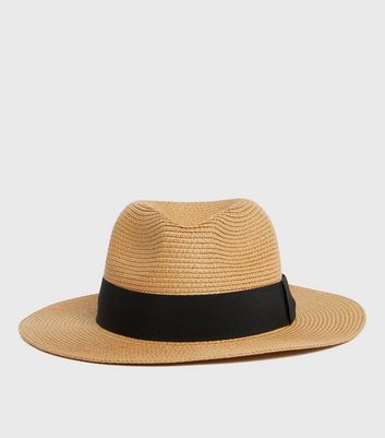 Tan Straw Effect Woven Trim Fedora Hat 