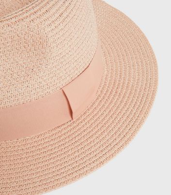 Pink Straw Effect Woven Trim Fedora Hat 