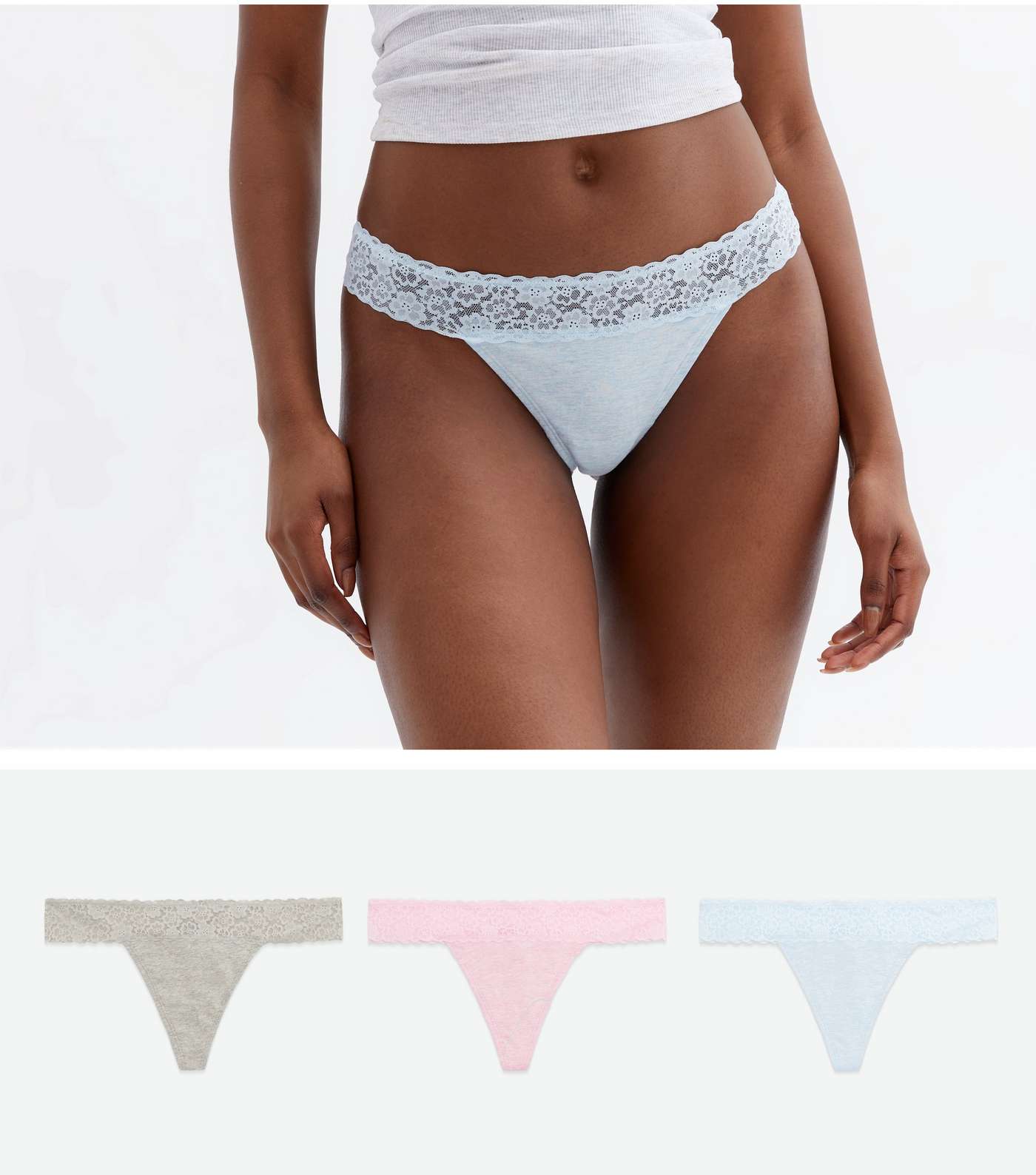 3 Pack Grey Marl Blue and Pink Lace Waist Thongs