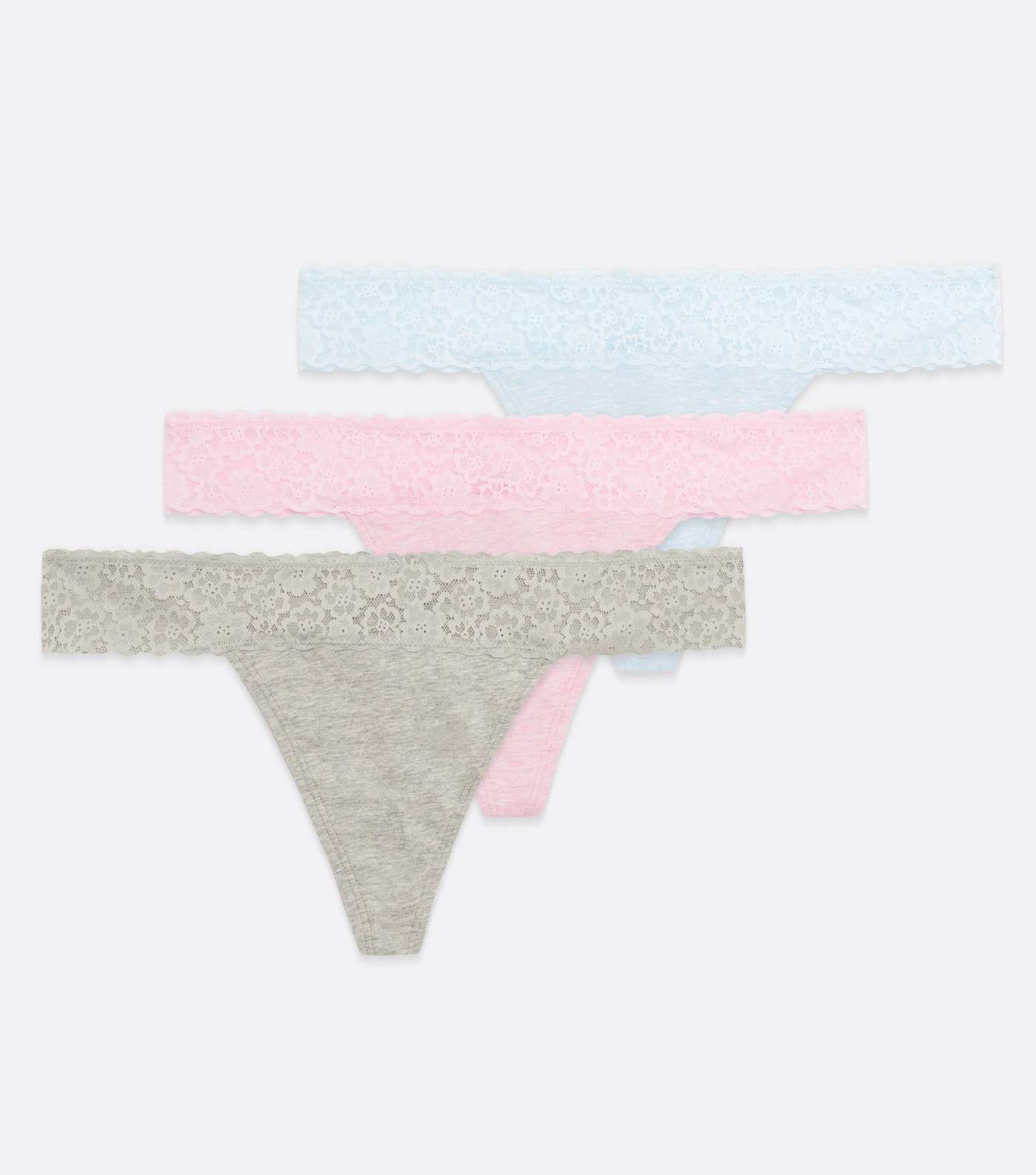 3 Pack Grey Marl Blue and Pink Lace Waist Thongs Image 5