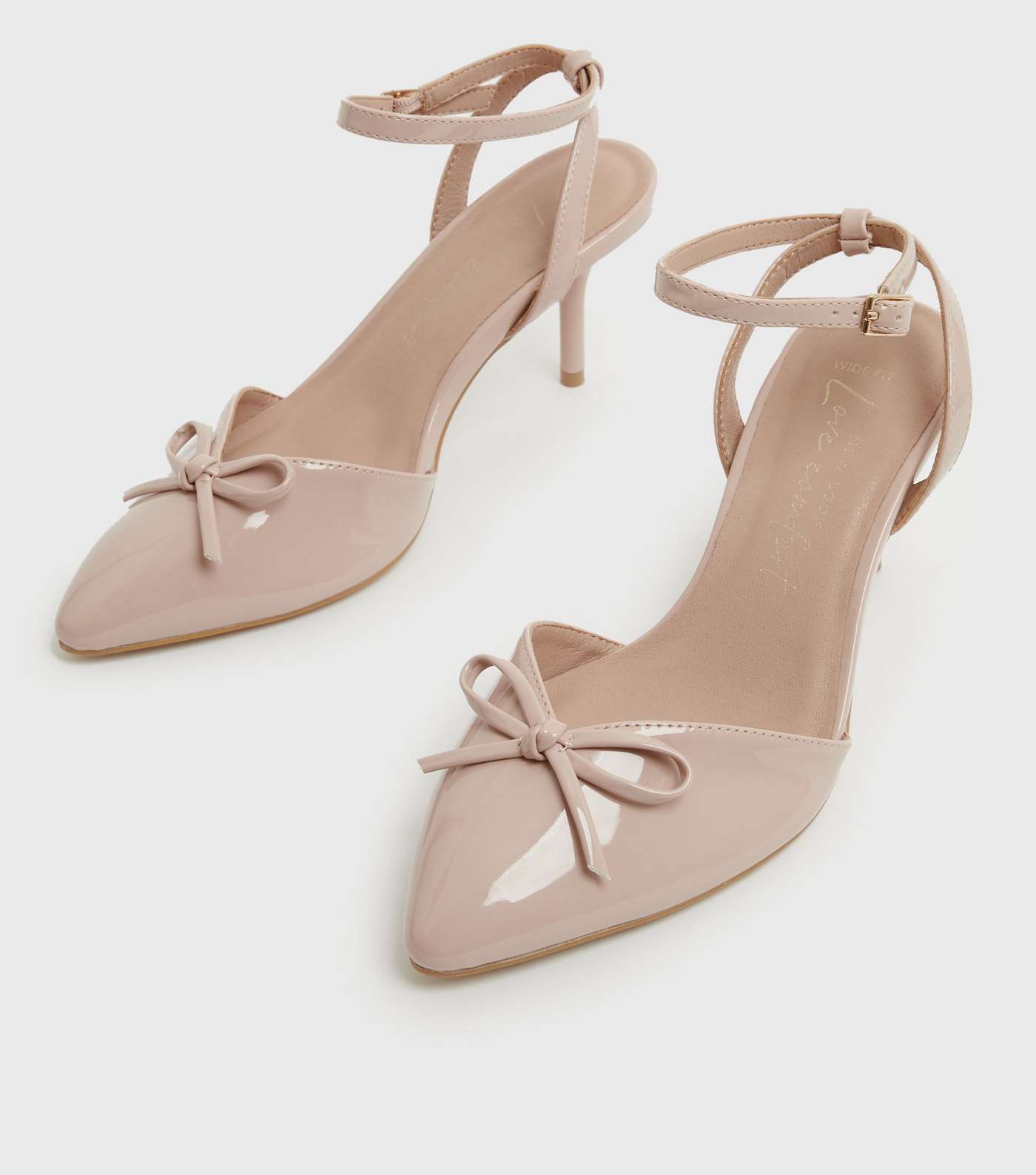 Wide Fit Pale Pink Patent Bow 2 Part Court Shoes Image 3