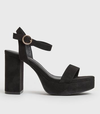 Wide Fit Black Suedette Platform Block Heel Sandals New Look