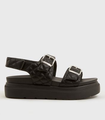Black Quilted Chunky Footbed Sandals | New Look