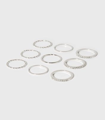 9 Pack Silver Diamante Mixed Rings New Look