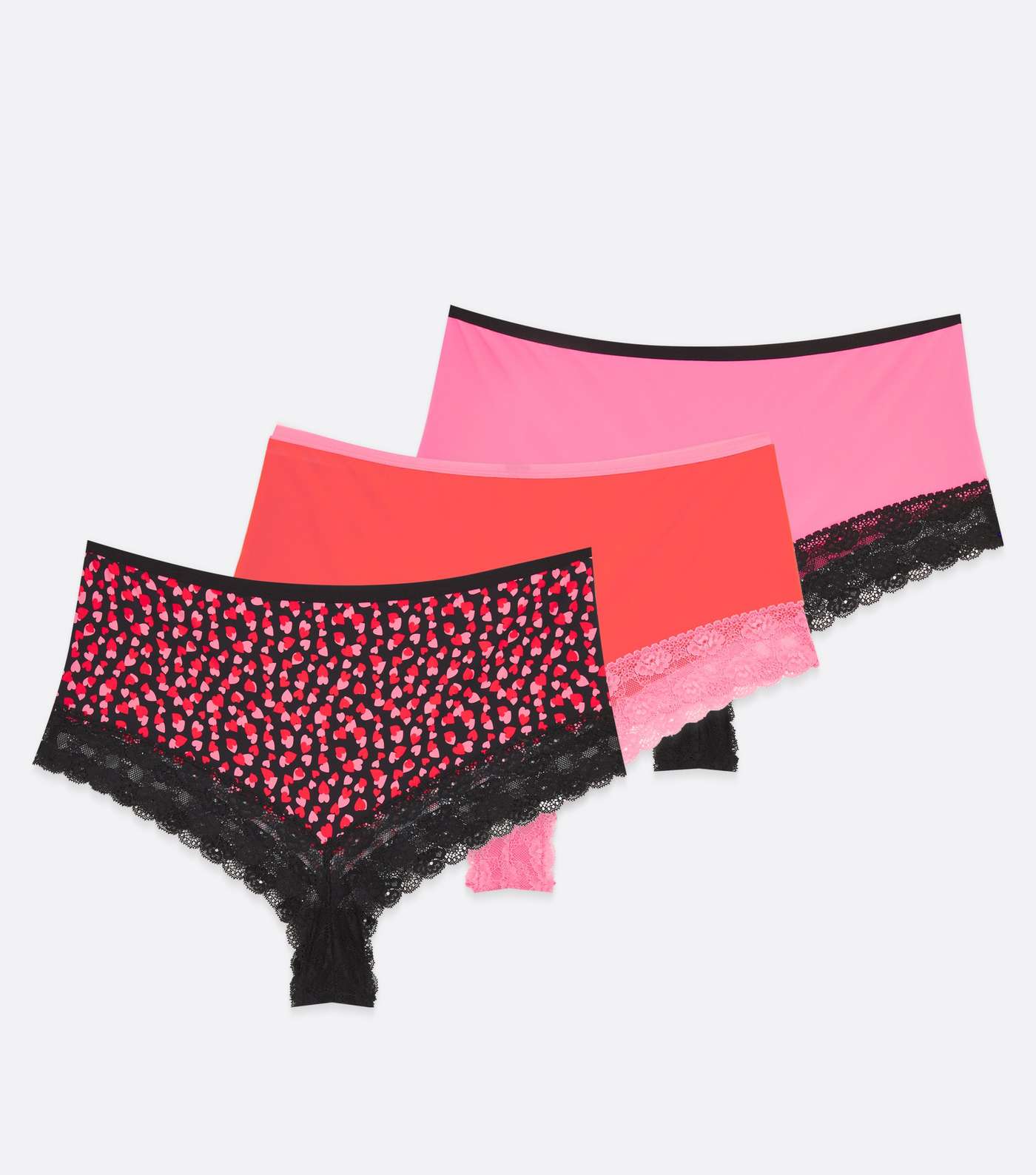 Curves 3 Pack Red Pink and Black Heart Lace Trim Brazilian Briefs Image 5