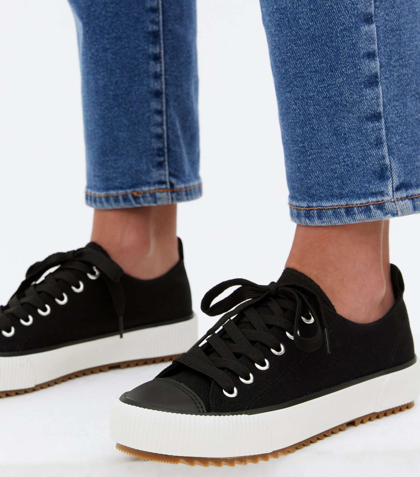 Black Canvas Tab Back Lace Up Trainers Image 2