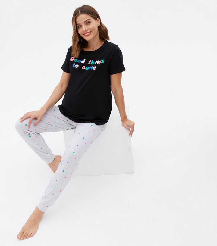 Maternity Black Jogger Pyjama Set with Good Things Logo
