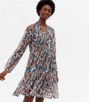 VILA Blue Animal Print Chiffon Mini Smock Dress