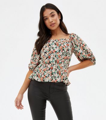 Petite Black Floral Tie Back Peplum Blouse New Look