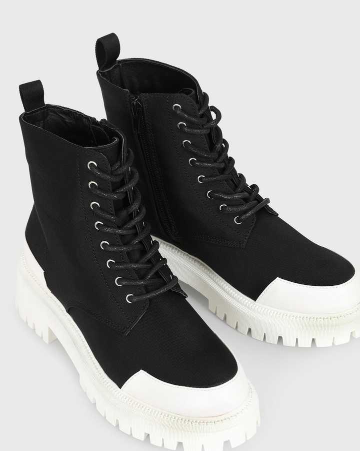 London Rebel Black Canvas Chunky Lace Up Ankle Boots | New Look