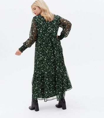 Damen Bekleidung VILA Curves Green Leopard Print Chiffon Tie Neck Midi Dress