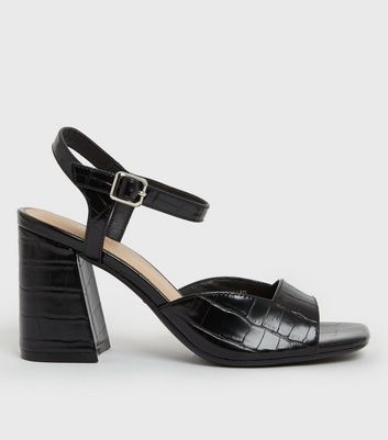 Black Faux Croc Open Toe Block Heel Sandals New Look Vegan