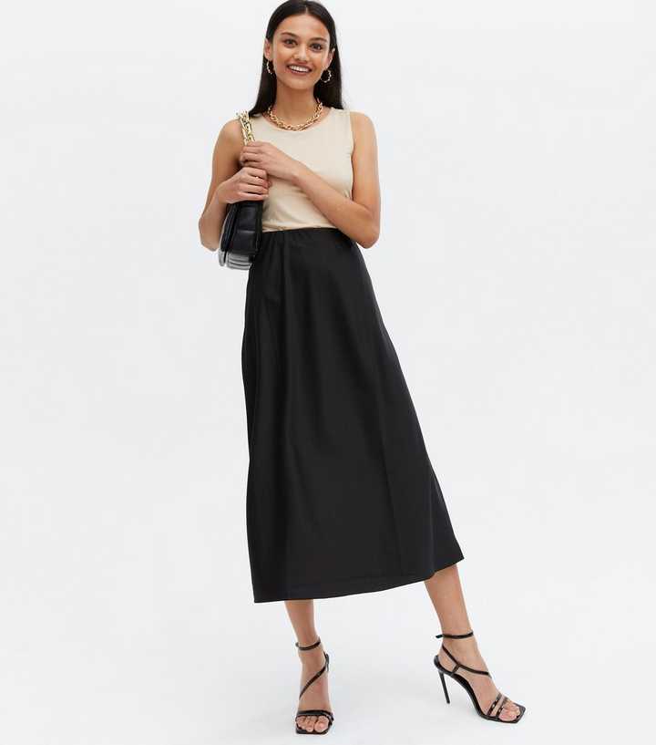 Black Satin Bias Cut Midi Skirt