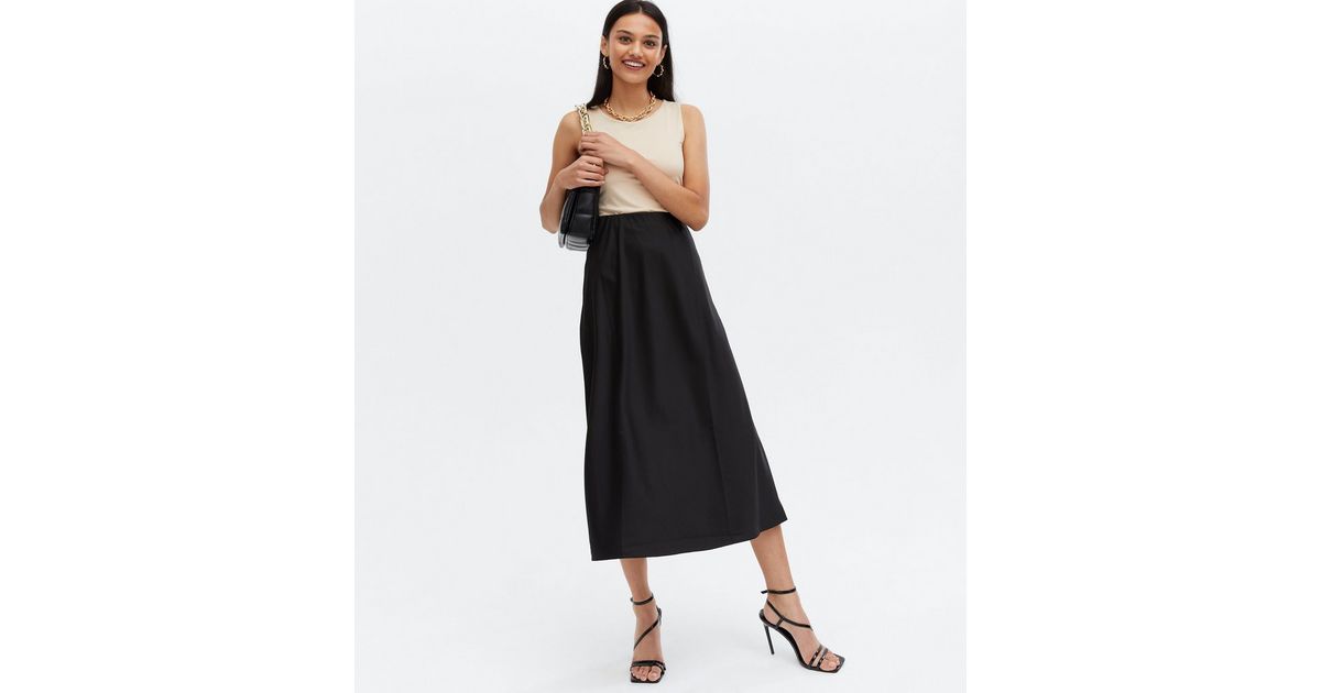 Black Satin Bias Cut Midi Skirt | New Look