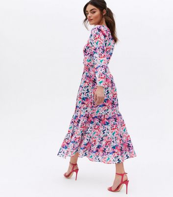 Little Mistress Blue Floral Long Sleeve Midi Wrap Dress New Look