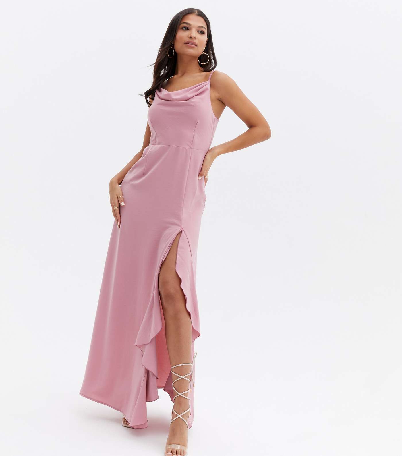 Little Mistress Pale Pink Satin Cowl Neck Maxi Dress Image 2