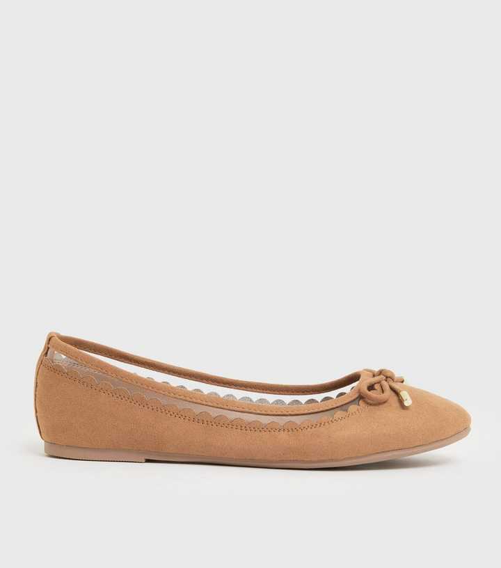 Tan Suedette Scallop Ballet Pumps