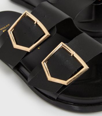 Wide Fit Black Leather Look Buckle Footbed Sliders New Look Vegan