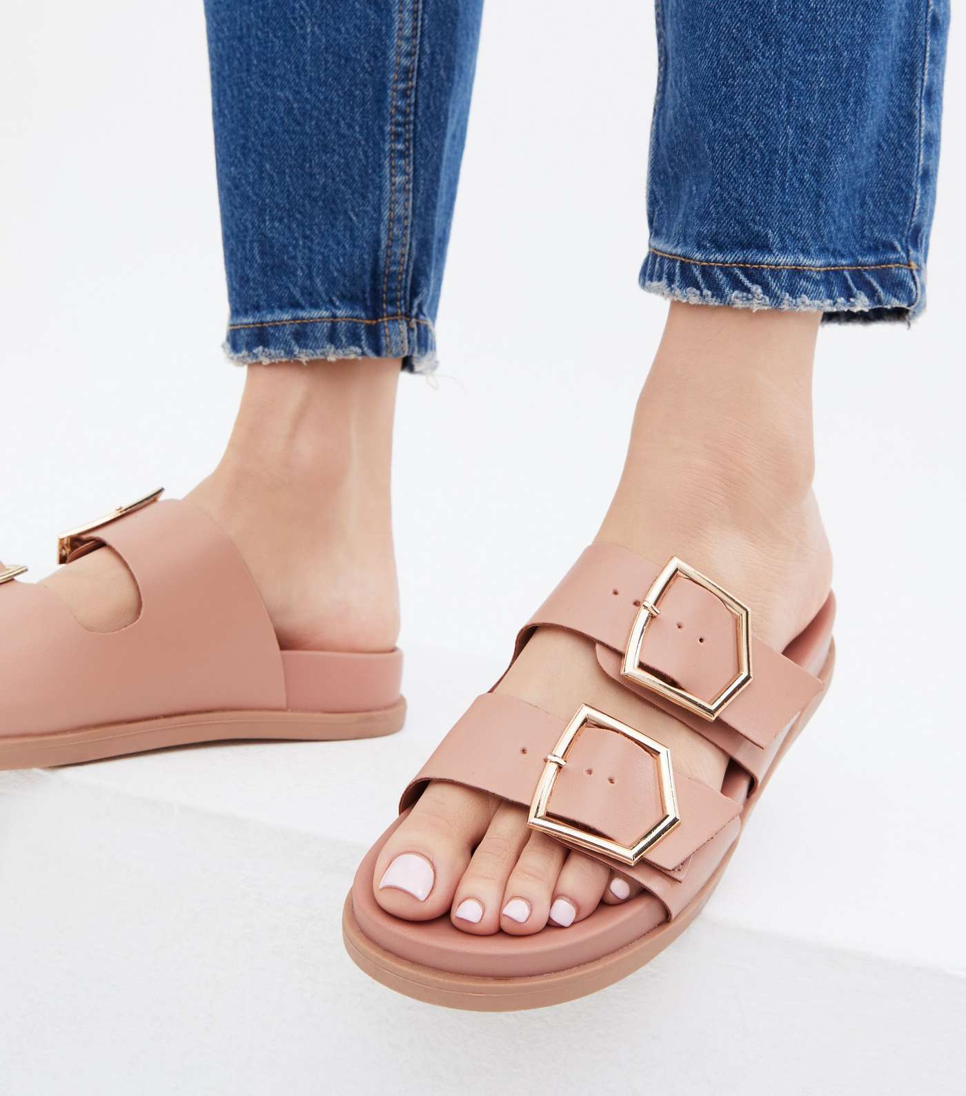 Wide Fit Pink Leather-Look Buckle Footbed Sliders Image 2