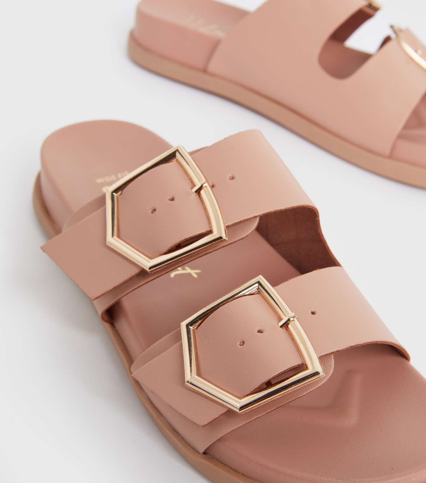 Wide Fit Pink Leather-Look Buckle Footbed Sliders Image 4