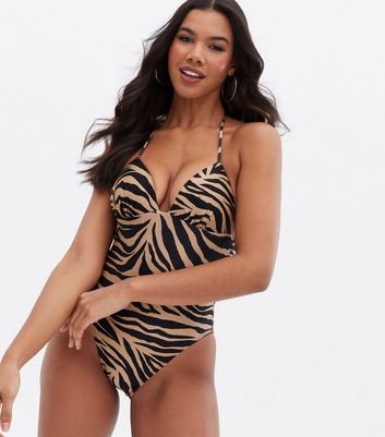 Brown Zebra Print Lift Shape Halter Swimsuit New Look