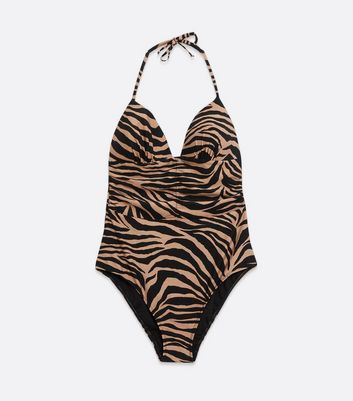 Brown Zebra Print Lift Shape Halter Swimsuit New Look