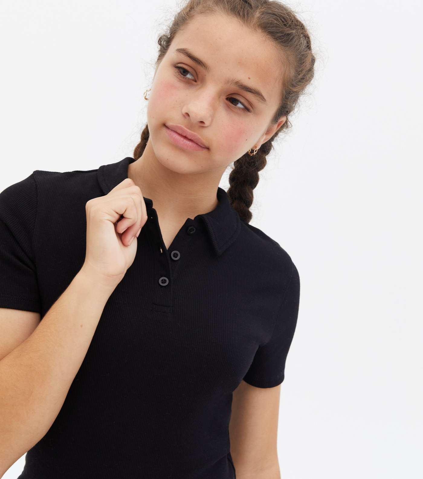 Girls Black Ribbed Jersey Short Sleeve Polo Dress Image 3