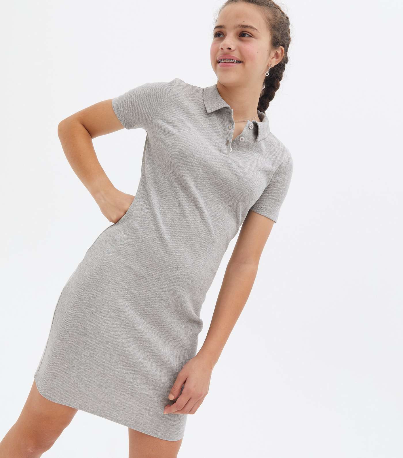 Girls Grey Ribbed Jersey Short Sleeve Polo Dress