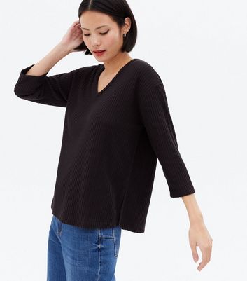 Black Brushed Fine Knit V Neck Split Hem Top New Look