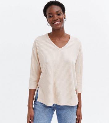 Cream Brushed Fine Knit V Neck Split Hem Top | New Look