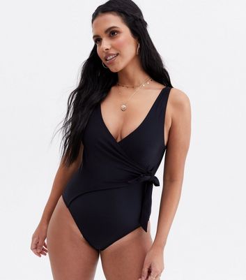 Black Lift Shape Tie Wrap Swimsuit New Look