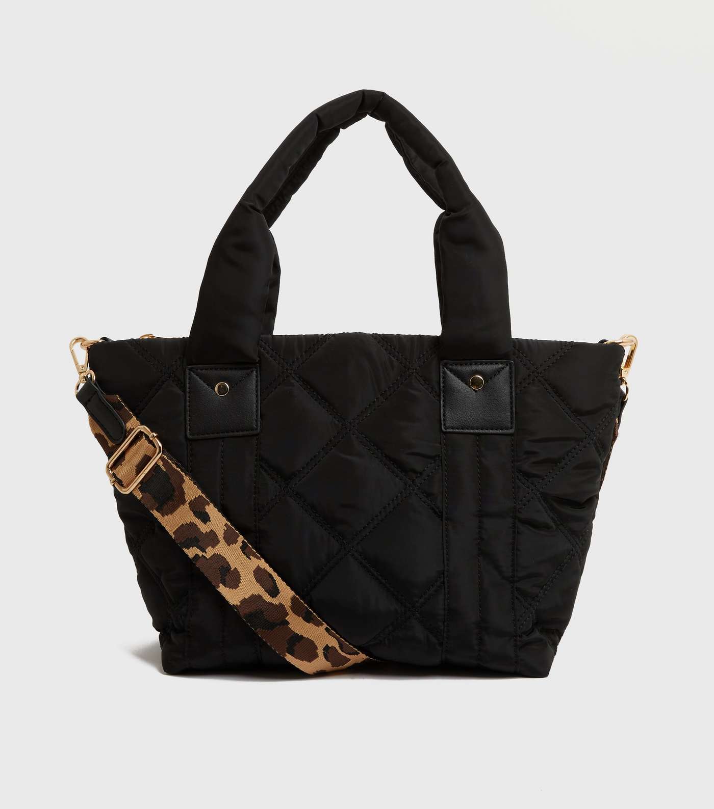 Black Quilted Animal Print Strap Tote Bag